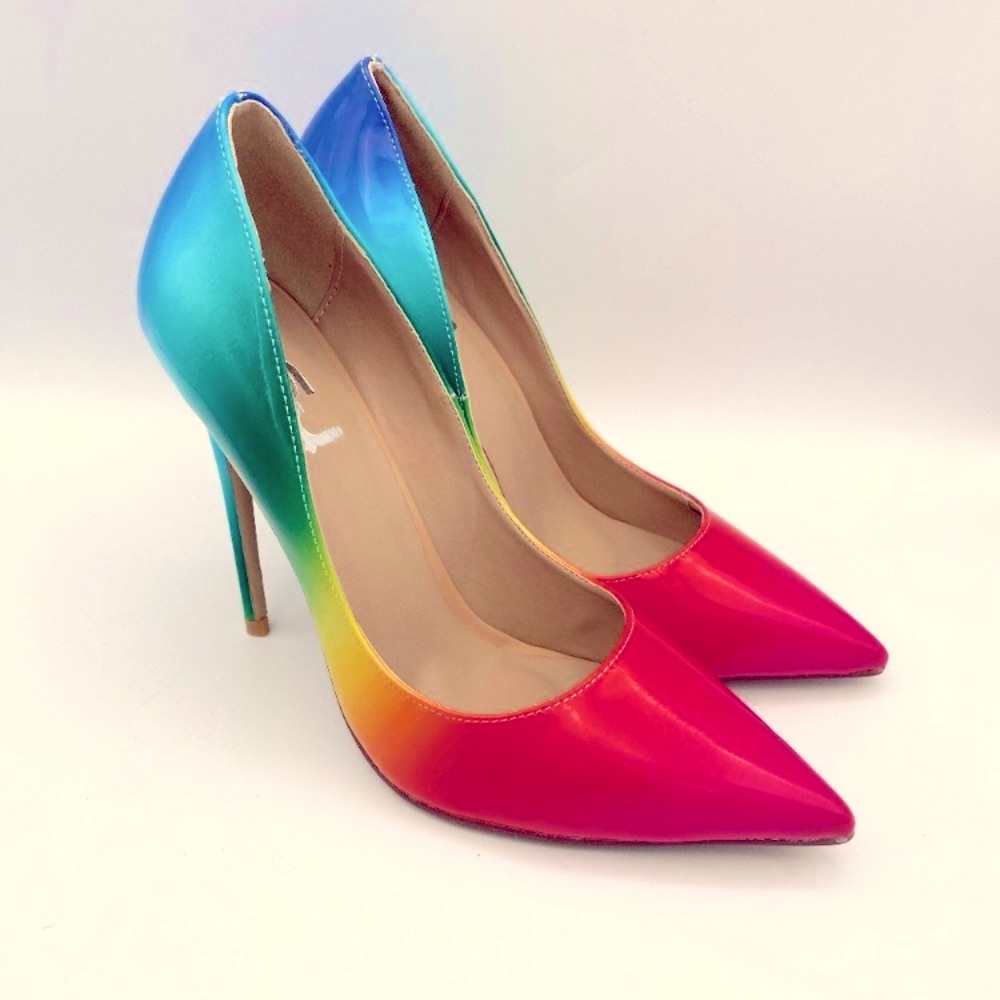 🆕 F5J Multicolor Leather Stiletto Pumps Gradient Color Metallic Prom Heels